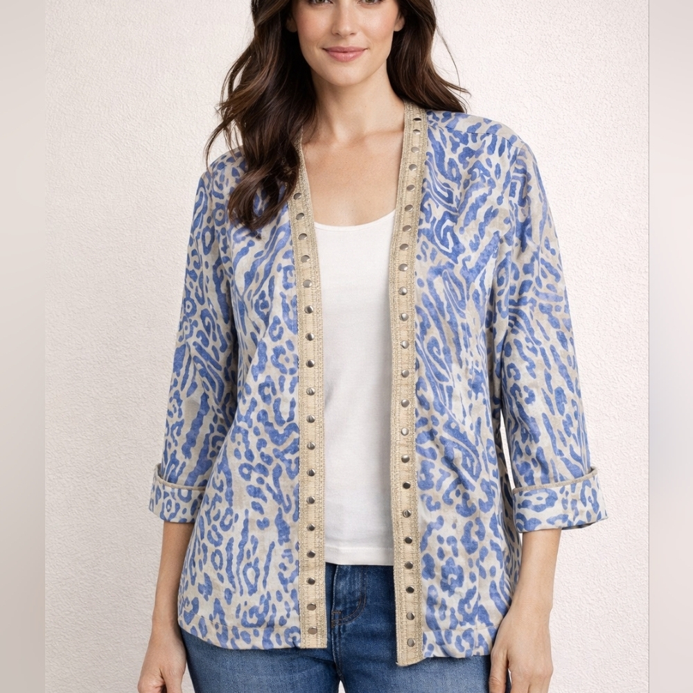 Chicos Linen Blend Jacket Faded Zebra Blue/White/Gold Open Front Sz 2 (12)